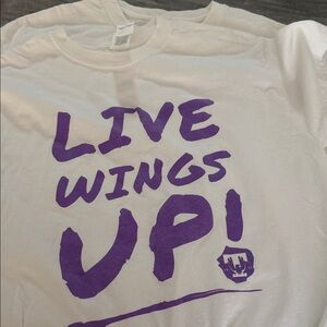 Set of Two Matching Gildan White Tees with Purple Graphic “Live Wings Up!”